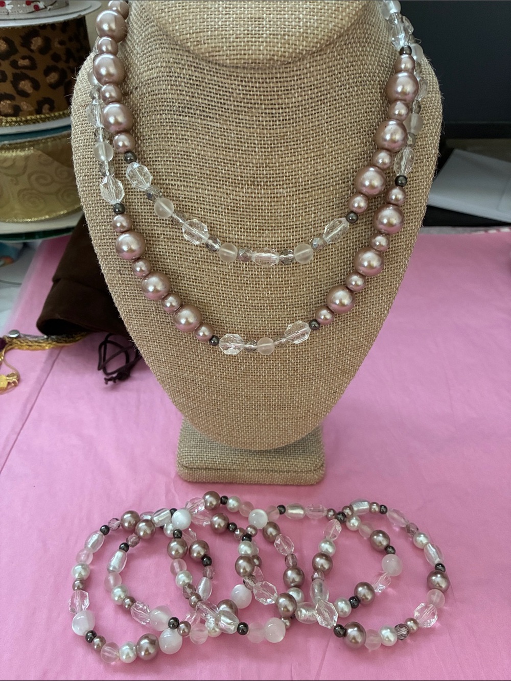 White House Black Market Pink Pearl and Clear Bead Necklace & Bracelet Set